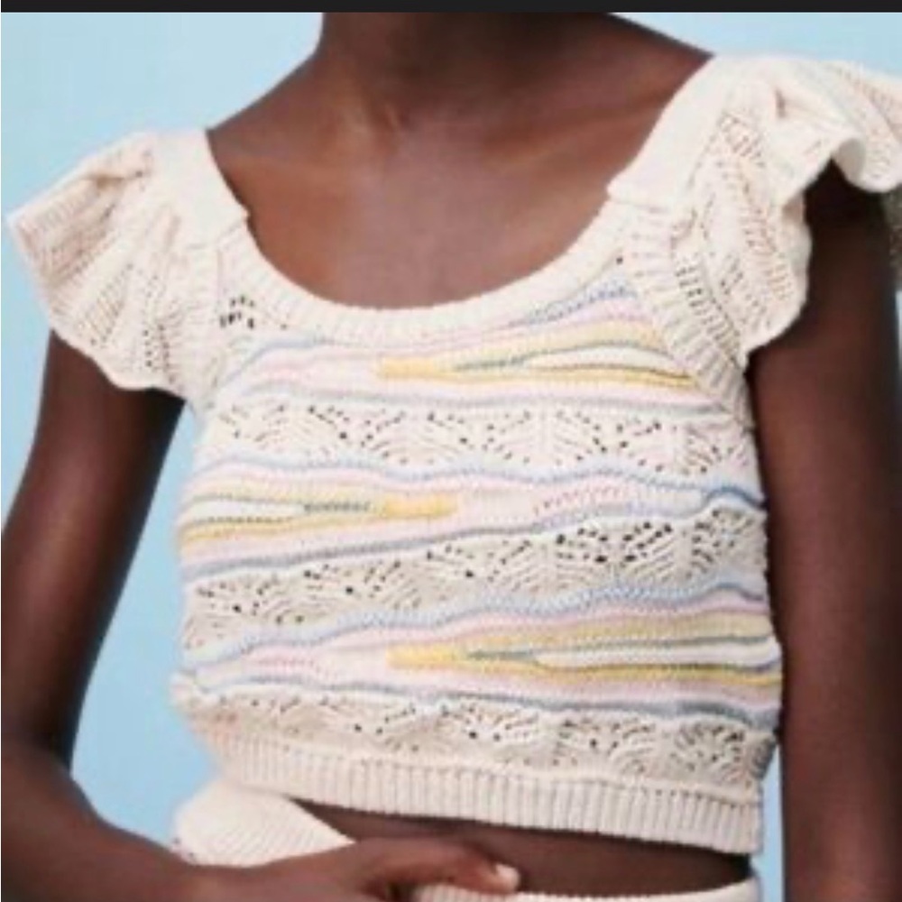 Zara Cream Knit Crop Top with Pastel Stripes